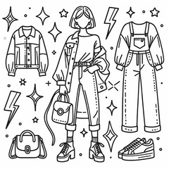Trendy Fashion Illustration with Stylish Outfits and Accessories