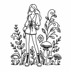 Stylish Woman Surrounded by Nature in Line Art Design