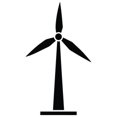 Silhouette of wind turbine with rotating blades generating clean energy from wind power on a white background
