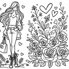 Stylish Young Woman with Floral Design Coloring Page