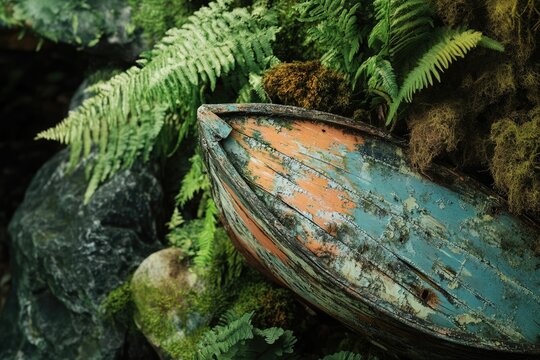 A weathered, decaying wooden boat rests amidst lush ferns and moss, creating a serene, overgrown scene. - Powered by Adobe