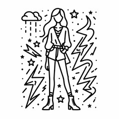 Stylish Line Art of a Woman with Weather Elements