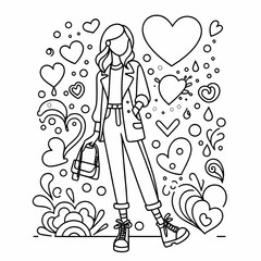 Stylish Woman in Heart-Themed Line Art Design