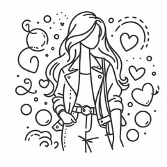 Stylish Woman in Jacket with Hearts and Swirls Illustration