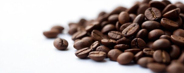 Obraz premium Close-up of dark roasted coffee beans on white , organic, detail
