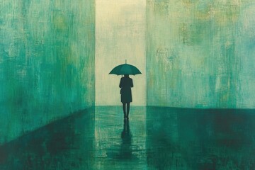 A woman walking away with an umbrella in a textured, painterly teal and white abstract environment, creating a melancholic atmosphere.
