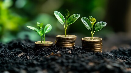 Three coin stacks with green seedlings growing in soil. Concept of collective support, funding ideas and nurturing innovation. Celebrate Crowdfunding Day with smart growth