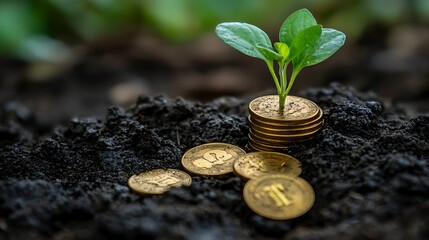 Young plant sprouting from stacked coins in soil. Symbol of financial growth, sustainability and grassroots funding. Green economy and investment for Crowdfunding Day