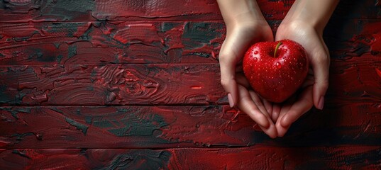 A captivating image of hands gently cradling a fresh red apple adorned with water droplets, set against a textured red wooden surface.