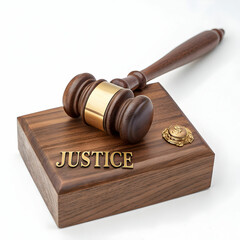 Wooden justice gavel and block with brass on white background