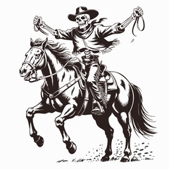 Striking Black and White Skeleton Cowboy Illustration – Triumphant Rider on Galloping Horse in Bold Western Linocut Style