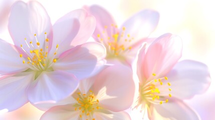 Fototapeta premium Close-up of Delicate Pink Cherry Blossoms with Soft Lighting and Yellow Details