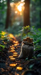 Small plant growing on stacked coins high resolution picture