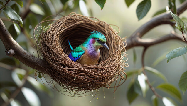 Exotic brightl bird with crown-like crest resting in a woven nest on tree branch