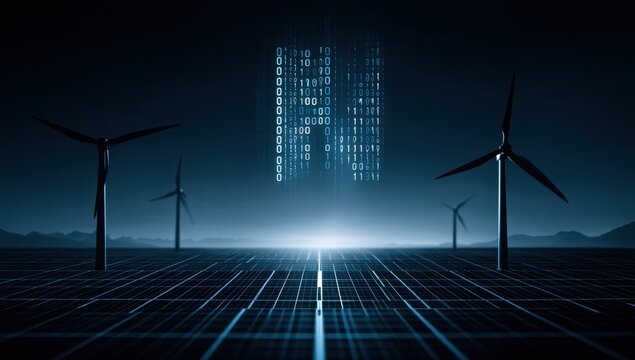 Wind Turbine with Binary Code on Solar Panel Farm