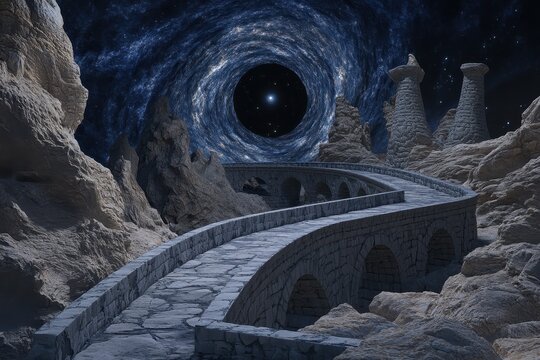 Ancient stone bridge stretches into a swirling cosmic void.  Rocky landscape surrounds the path