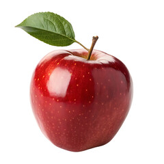 Shiny Red Apple with Stem and Leaf, Transparent Background PNG