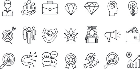 Employer branding editable stroke outline icons set isolated on white background flat vector illustration.