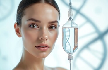 Attractive woman next to IV vitamin drip. Skin beauty therapy, anti-aging rejuvenation treatment concept. Mesotherapy, cosmetic serum, filler, collagen, moisturizing. Biotechnology science, medical
