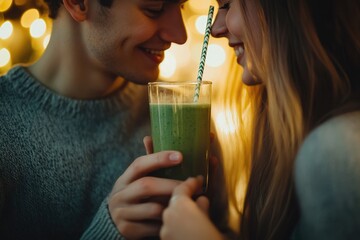 A loving couple share a healthy green smoothie with a striped straw in a warm, festive setting.