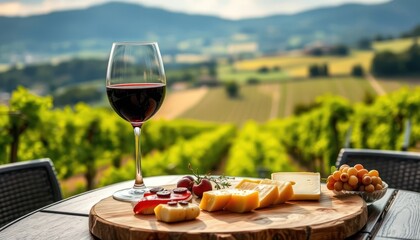 Elegant wine experience with vineyard backdrop and a cheese platter