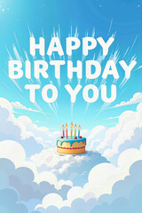 Obraz premium A birthday cake with lit candles floating among fluffy clouds in the sky, celebrating a birthday.