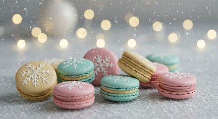 Obraz premium Festive snowflake macarons with holiday lights for winter celebrations