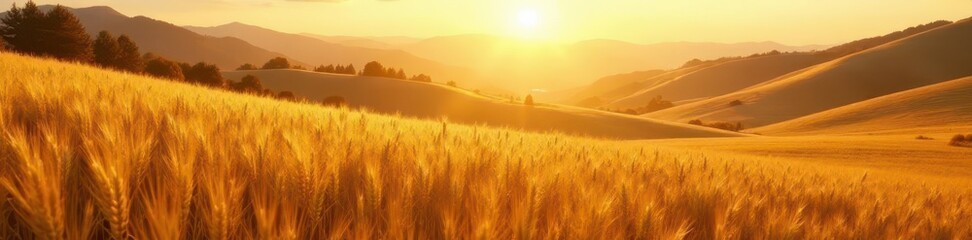 Fototapeta premium Golden wheat field, sunlit hills, autumn haze, autumn, template