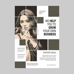 Modern Business Growth and Strategy Flyer Featuring Grid Layout, Promotional Text, and Contact Information for Professional Branding and Corporate Marketing
