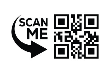 Minimalist black and white graphic design with bold 'SCAN ME' text, curved arrow, and hollow rectangles creating a QR code scan effect. Clean lines, symmetrical composition. Ideal for apps, websites, 