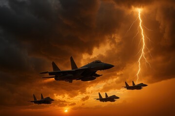 Squadron of fighter jets flies through storm at sunset. AI-generated