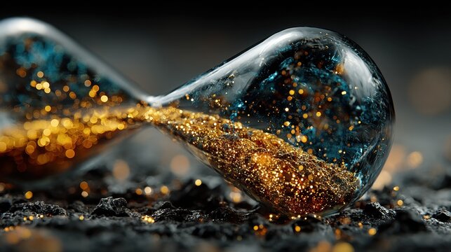 "Digital hourglass with flowing data particles, symbolizing time and information flow 