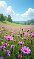 A breathtaking expanse of wildflowers in soft purple and pink hues blankets a peaceful meadow against a clear blue sky , delicate blooms, outdoor scene