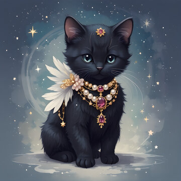 NOCTURNAL BLACK KITTEN ADORNED IN WHITE PERALS,GARNET GEMS AND WHITE FEATHERS