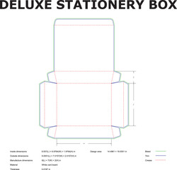 Detailed blueprint and measurements for a deluxe stationery box made of white card board for packaging and design purposes.