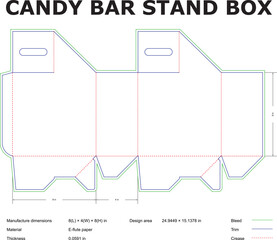 Vector technical drawing outline for a candy bar stand box with dimensions and manufacturing specifications for easy assembly.