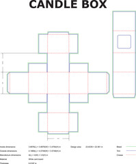Detailed candle box design template with dimensions for manufacturing and printing with bleed trim and crease lines