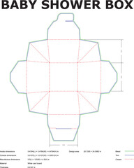 Detailed vector illustration of a baby shower box template with measurements and outlines for precise cutting and assembly