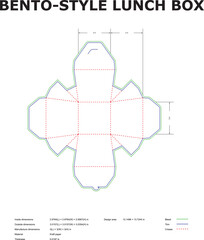 Detailed blueprint design for a bento style lunch box illustrating dimensions and cutting lines with essential information about its material.