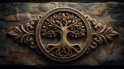 Ornate tree of life carving on rustic stone background