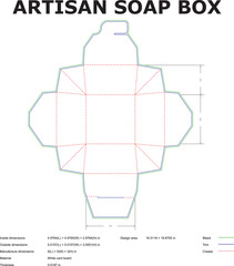 Detailed vector outline of artisan soap box packaging with precise dimensions bleed trim and crease lines for design and production
