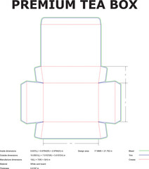 Detailed diagram of premium tea box packaging layout illustrating dimensions and cutting lines in a vector format