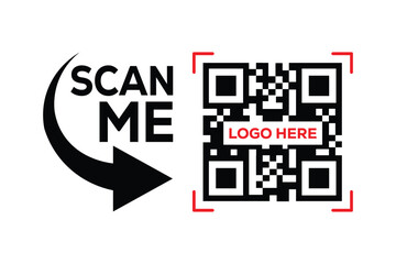 Minimalist black and white graphic design with bold 'SCAN ME' text, curved arrow, and hollow rectangles creating a QR code scan effect. Clean lines, symmetrical composition. Ideal for apps, websites, 
