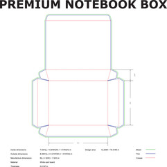Detailed vector illustration showcasing a premium notebook box template design with dimensions and specifications for packaging purposes