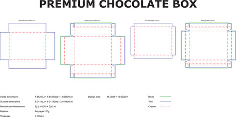 Detailed layout for a premium chocolate box template illustrating dimensions and design specifications for packaging