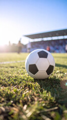 Fototapeta premium Close-up of a soccer ball at the center of a packed stadium field, with enthusiastic fans in the background. Perfect image for sports events, football passion, and the excitement of a live match.