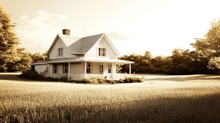 Obraz premium Quaint white farmhouse in golden sunlight