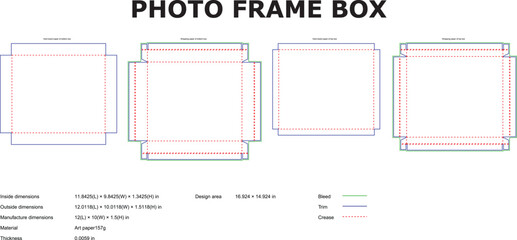 Technical diagram of a square photo frame box layout featuring dimensions and measurements ready for design
