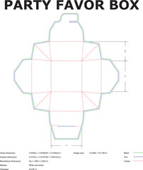 Party favor box template design with detailed dimensions and cutting guidelines for easy and accurate assembly and manufacturing