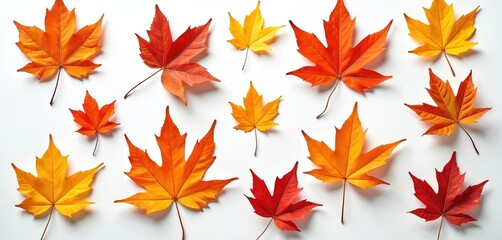 Collection of colorful autumn maple leaves isolated white background. Red orange yellow foliage on white surface. Fall season concept. Seasonal nature background.